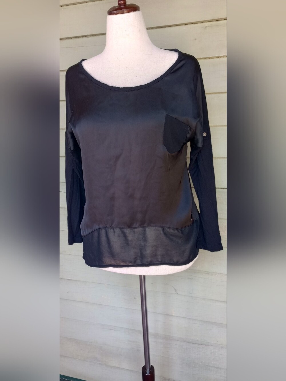 Black Long-Sleeve Mixed-Media Scoop Neck Top